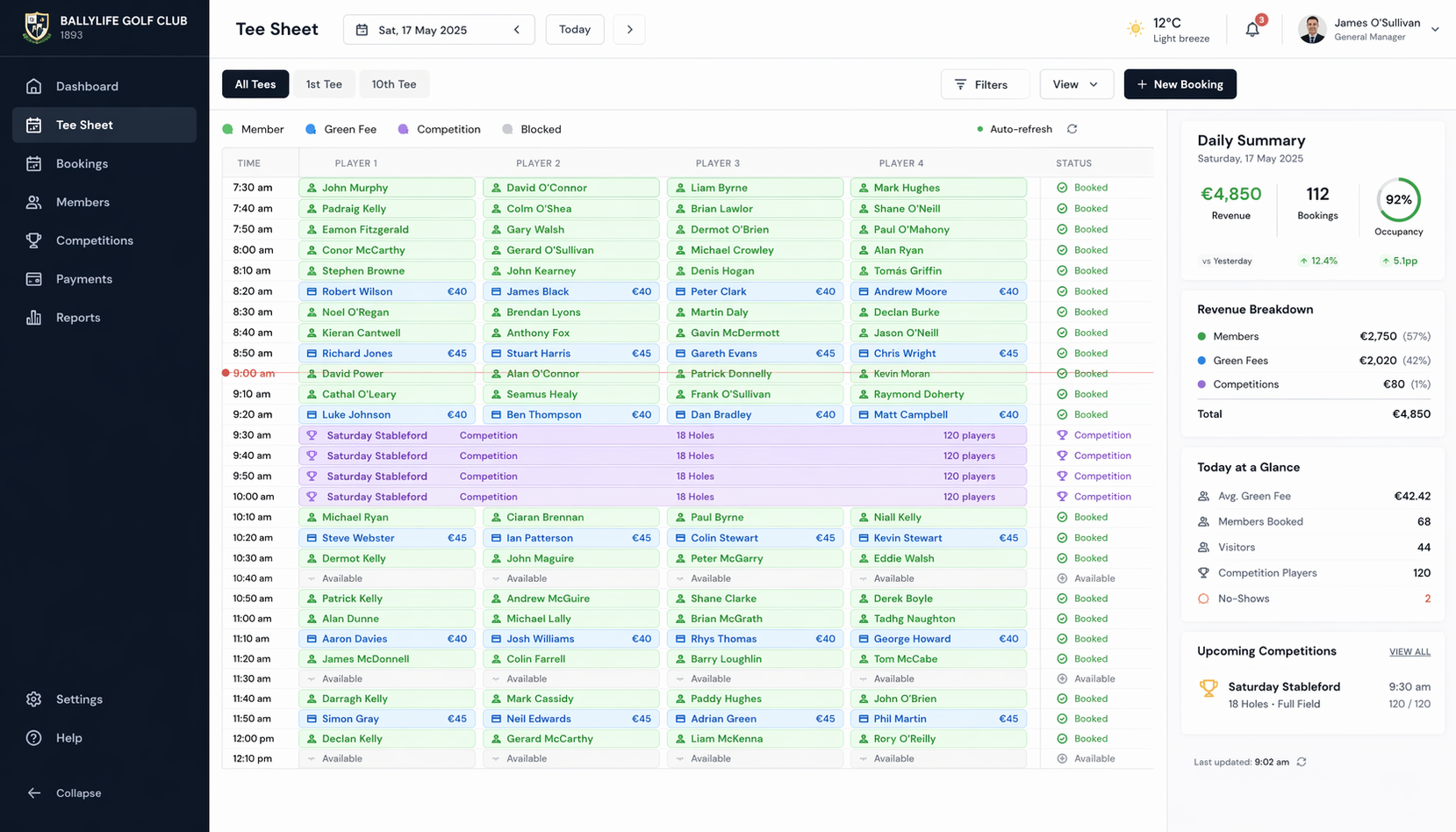 GolfTap tee sheet showing a busy morning with colour-coded bookings